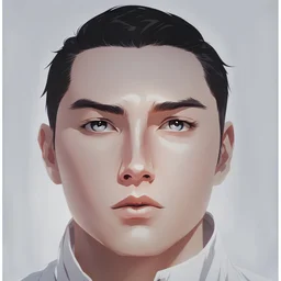 mysterious youthful Russan male, man, dark and intriguing, confident, intense, handsome, anime style, dark black short hairs, white shirt, white paint background, white man, The head looks straight ahead