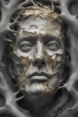surrealis monochrome A fragmented, surreal sculpture liguid color of photorealistic image 3d,psychedelic art of trump mad face glossy emerging from dreamlike a crumbling building. The face appears pale with deep cracks and intricate details, evoking a haunting expression. Blackened tree branches intertwine with the gold mengkilat cracks, set against a backdrop of stormy, cloud-filled skies. bauhaus art The overall tone is dark and moody, suggesting themes of decay and transformation. Include