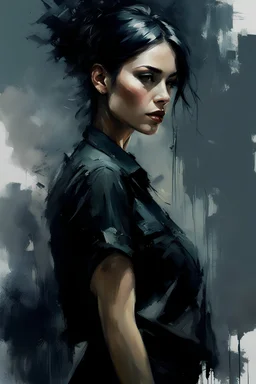 muscular tall russian woman 24yo with pixie style black hair, wearing a black shirt and tactical pants :: dark mysterious esoteric atmosphere :: digital matt painting with rough paint strokes by Jeremy Mann + Carne Griffiths + Leonid Afremov, black canvas