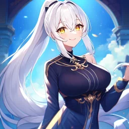 girl, masterpiece, best quality, volumetric lighting, detailed outfit, perfect eyes, vibrant colors, white hair, long hair, vibrant golden eyes, ponytail, smile,