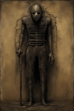 The full body of a prisoner man with iron mask holding a bat, Scary face , decayed and rotting with grotesque proportions and imagery. abstract grotesqueries, detailed texture, surreal horror, biomechanical design, by hr giger and beksinski