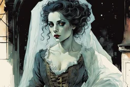 create an imaginative drawing of the pale translucent ghost of an Parisian female fortuneteller, clothed in tattered and ragged, ornate Napoleonic period dress, with finely detailed hair and feminine facial features, imprisoned in the seething shadows of La Bastille Saint-Antoine , in the comic book art style of Bill Sienkiewicz, Mike Mignola, and Jean Giraud Moebius, finely textured, drawn, colored, and inked