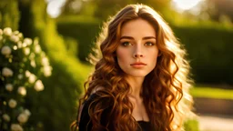 sharp focus and high resolution photo of a beautiful caucasian 16 year old teen girl with long wavy amber hair. She has full lips, a cute turned up nose and large expressive brown eyes with high arched eyebrows. She is in a garden in warm sunlight. She is wearing a black bustier. She is gazing at the viewer