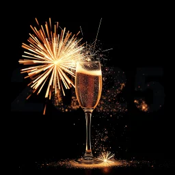 Surreal champagne glass bursting with fireworks, concept art, minimalism, dark background, brilliant firework exploding, double exposure text "2025" in block letters in the background