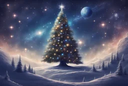 decorated Christmas tree standing in the universe on the planet Earth like little prince against a background of breathtaking stars