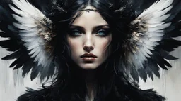 Dark and ethereal, the angel's black wings spread, Each feather carried with it an ancient story, a deep secret that hid in the shadows. cinematic detailed mysterious sharp focus high contrast dramatic volumetric lighting, :: mysterious and dark esoteric atmosphere :: matte digital painting by Jeremy Mann + Carne Griffiths + Leonid Afremov, black canvas, dramatic shading, detailed face