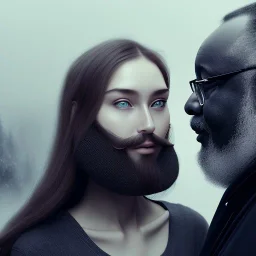 a young woman sitting next to a 50-year-old man with beard, portrait, 8K, close-up face, anatomically perfect face, Highly detailed stunning full frame portrait, misty and cloudy atmosphere