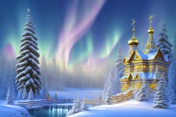  russian palace gold white，waterfall, 10 snowy fir trees,blue lake,swanns, winter snow flakessnow, northern Lights blue pink, full of details, smooth, bright sunshine，soft light atmosphere, light effect，vaporwave colorful, concept art, smooth, extremely sharp detail, finely tuned detail, ultra high definition, 8 k, unreal engine 5, ultra sharp focus