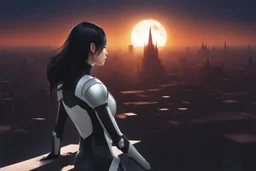 A slim Woman With Black shoulder length hair, Wearing an android-looking suit, standing sideways On a ledge of a building, with a moon Behind Her Head, towering spires and buildings highlighted by the setting sun