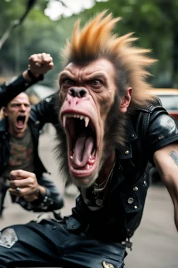 A very angry and bitter punk rocker tries to scream in his mobil very high and gets angry, howler monkeys disturbs him