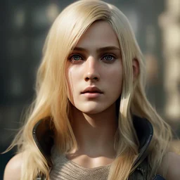 Prhotorealistic close-up of a beautiful blonde warrior with dystopian clothes and background