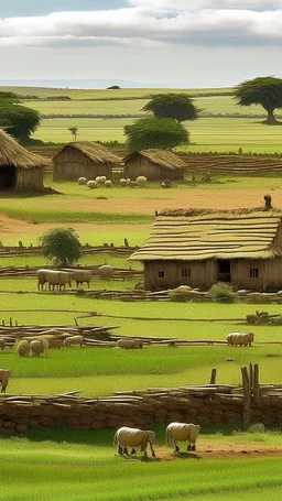 mud houses, farm land, farmers grazing