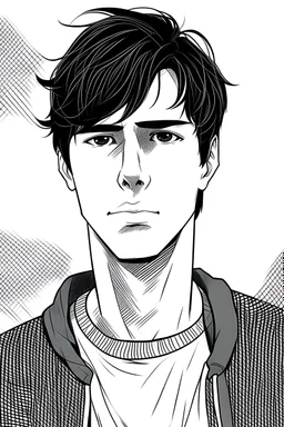 Genera una imágen en blanco y negro al estilo manga de un hombre joven, morocho, delgado, de pelo negro bien cortito, con ropa informal.