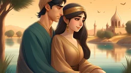 Draw me a picture in a realistic cartoon style of a beautiful Arab young man embracing a beautiful princess. The picture appears like an old story, and behind them appears a beautiful nature, rivers and birds in the sky.