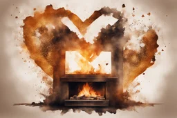 double exposure, merged layers, fireplace with dynamically blazing fire in coffee color, ink splatter art, watercolor and ink, golden glitters, double exposure heart and love