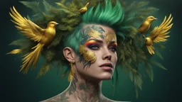 dark background, punk 45 years old, forest on the head, plant hair, green plants, bright colors, golden birds, golden makeup, tattoo, metal, shiny aura, very detailed, fine rendering, high detail, high resolution, 8K