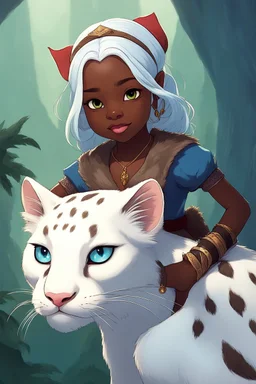 a cute eight-year-old female sorceress, dark skin, with straight snow white hair tied in a braid, blue eyes, riding on the back of a giant furry leopard cat