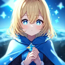 Clear focus, High resolution, A anime kid, cute, rough line skecth, star around kid, sparkling eyes, medium fluffy blonde hair, blue sparkling eyes, 1girl (solo), wearing a blue snow cloak and a white shirt