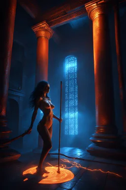 The female Shadow of Death using the staff of destruction. sexy. frightening. Horror. blue lightning and orange shadows. inside a temple. fantasy art, the naked truth, Cinematic lighting, Volumetric lighting, Epic color composition, octane render