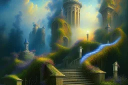 long stairway up to heaven, atmospheric, mystical, beautiful colours, romanticism, fantasy, Neo-Impressionism, fine art