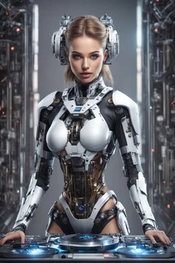 Front view full body gorgeous Realistic Photography beautiful super model Russian as playing Dj player with body mechanical Cyborg realistic beautiful woman hyper detailed, sci-fi concept art