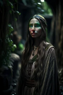 underground grove, with bricks and stones, portrait of a royal wood elf with pale, ethereal features with long hair that seems to shimmer. She dresses in flowing, dark-colored clothing that accentuates her mysterious aura. photo-realistic, shot on Hasselblad h6d-400c, zeiss prime lens, bokeh like f/0.8, tilt-shift lens 8k, high detail, smooth render, down-light, unreal engine 5, cinema 4d, HDR, dust effect,, smoke