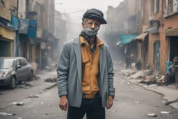 a man who wears the latest fashion in a street in a town pollution