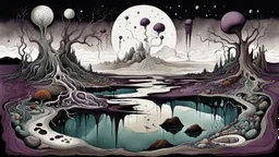 painted inner world with uncontrolled mind and neurodivergens soul, floating islands and rocks over surreal cracked weird empty landscape . deep dark purple, gray, black, white, brown, malachit, cream color. Whimsical strange style of myro, of Quentin Blake and Redmer Hoekstra. No people in picture, weird absurd beauty nightmare, black rawen, in background fade neuron network-web, surreal vibe,