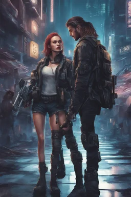 Science fiction, cyberpunk, city street, couple girl and guy, together, love at first sight, forbidden love, pirates