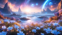 beautiful cosmic ambience galactic orbital stations pure harmony, soft blue, soft blue, smile, galactic, magic, sunrise,transcendent, divine, warm look, fantastic magical white and blue flowers background, ultra sharp focus, ultra high definition, 8k, unreal engine5background, colored lake, ultra sharp focus, ultra high