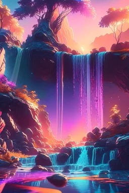 crystal cosmic and galactic ambiance hill sky waterfall sunset trees pools river surreal, full of details, smooth, bright sunshine，soft light atmosphere, light effect，vaporwave colorful, concept art, smooth, extremely sharp detail, finely tuned detail, ultra high definition, 8 k, unreal engine 5, ultra sharp focus