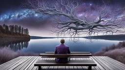 a figure sits with his back to the camera on amorphe bench in a beautiful landscape and overlooking the water of the nearby lake, calm, harmonious atmosphere, muted dark colors, purple, white, gray, brown, silver, blue, pale colors, , not too colorful colors, Whimsical style and giant stunning neuron network all over the sky surreal stunning vibe
