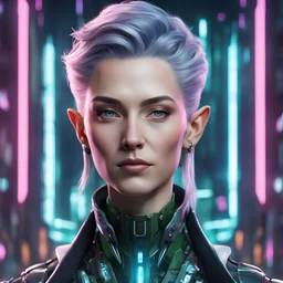Generate a portrait of a non-binary megacorp CEO: elf-like with cybernetics, exuding power and beauty in a cyberpunk world.