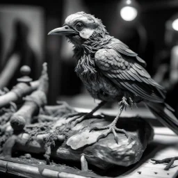 a statuette of a rotting bird cult in a display greyscale photo