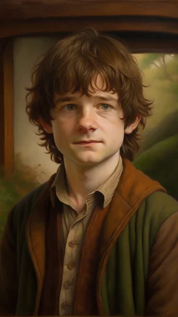 Portrait of Samwise “Sam” Gamgee: A hobbit, Frodo’s gardener at home, and his servant and friend on the quest. He is described as having brown hair, brown eyes, and a round face. He usually wears a brown jacket and trousers