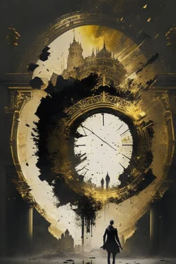 a time gate explodes, a palace, a person, black and gold colour