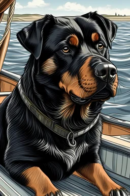 disegna un cane rottweiler al timone di una barca