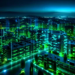 Sustainable, smart office buildings, small city sweden, data connected on circuit in blue and green. neon.