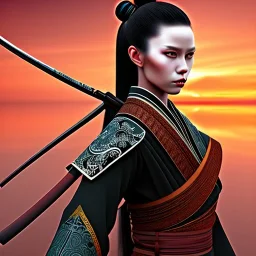 black long hairs lady samurai top under sunset