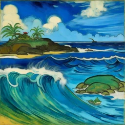 A light blue island with raging waves painted by Paul Gauguin