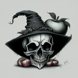 drawing of a Skull with a Witch hat, Skull has ghost eyes and is eating from a poison apple.