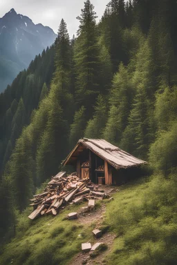 A forest hut with firewood next to it, this hut is on top of the mountains.