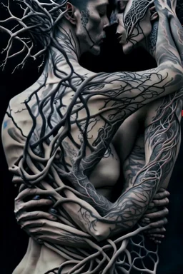 Multiple entanglements between a twisted thin piece of cloth as part of many twisted and spiraling branches disappearing into the distant mist, epic photo, 2 beautiful lovers are embracing, stunning tattoos that intwine with eachothers tattoos,sharp on highly detailed skin with wrinkles and high contrast, photorealistic, 4K, 3D, realism, hyperrealism, detail, good lighting, detailed texture, modern photography style, 3D, 4D, 4K