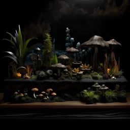 realistic image, high quality, a Terarrium standing on a wooden table, the wall behind it is black, inside the terarrium are tropical plants growing horizontally at the back wall. the floor of the terarrium is covered in black sand, on the black sand a bunch of exotic looking mushrooms are growing