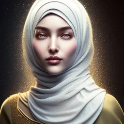 close-up portrait of woman in hijab partly dissolved into dust, fade away as dust, fine detail, highly intricate, wearing bridal veil, modern surrealism painting, defined cracks and breaks, high-quality, volumetric lighting, 8k, ultrahd, George Grie, Marco Escobedo, Igor Morski,Brian Froud, Howard Lyon, Selina French,