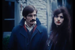 a young man and a beautiful woman standing next to each other, 1 9 8 0 s analog video, with mustache, small glasses, cold scene, out of focus background, house on background, the woman has long dark hair, photo realistic