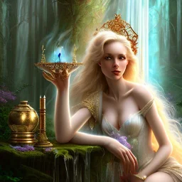 romantic fantasy spray painting, close up on cute blonde robed poet sitting on huge marble throne, loosing torch in winding magical forest with waterfall