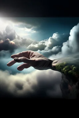 Generate a surrealistic landscape with Gods arm reaching down from a cloud towards earth