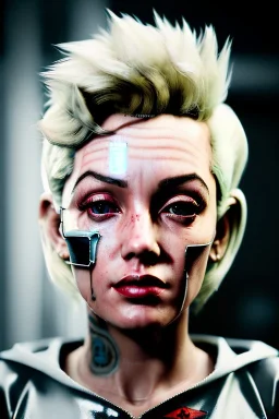 Ultra Realistic image, portrait, blonde woman, sweet Marylin Monroe face, perfect iris, glow eyes. Cyberpunk style, oversized transparent latex coat, yakuza tattoos. soft color, highly detailed, unreal engine 5, ray tracing, RTX, lumen lighting, ultra detail, volumetric lighting, 3d, finely drawn, high definition, high resolution.