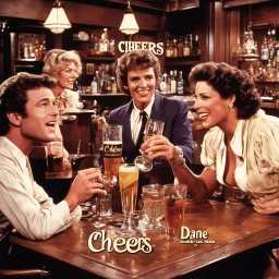 Iconic CHEERS television show color movie still, "Cheers" bar scene TV scene, text CHEERS" in TV show font aesthetic, Sam Malone and Diane, photorealistic,